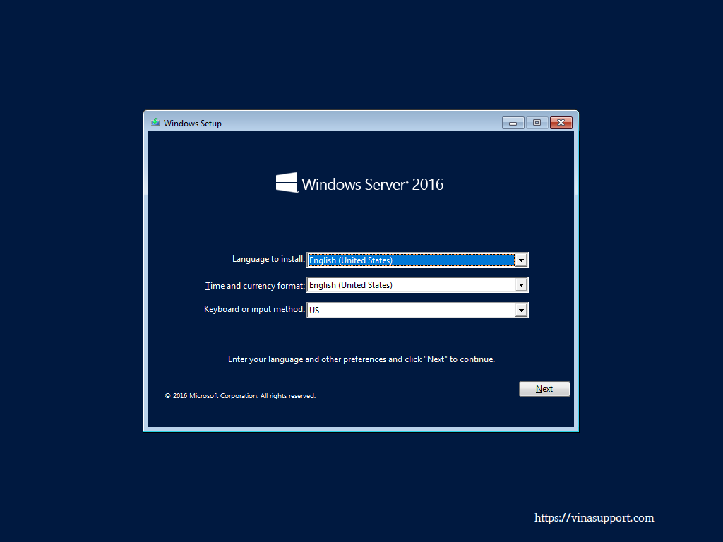 Huong dan cai dat Windows Server 2016 - Buoc 1